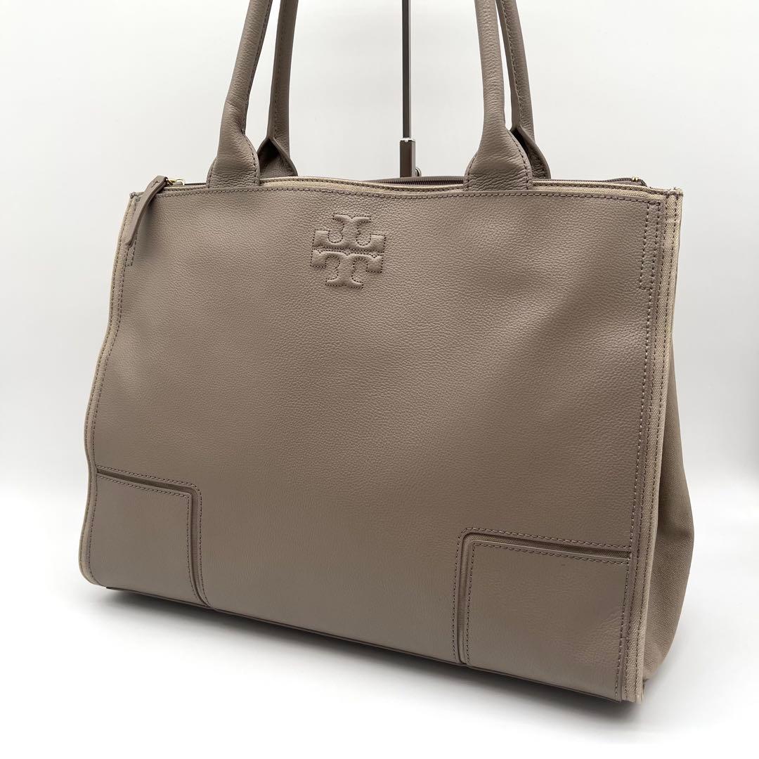【美品】トリーバーチ ビジネスバッグ トート A4可 グレージュ シボ革 レザー