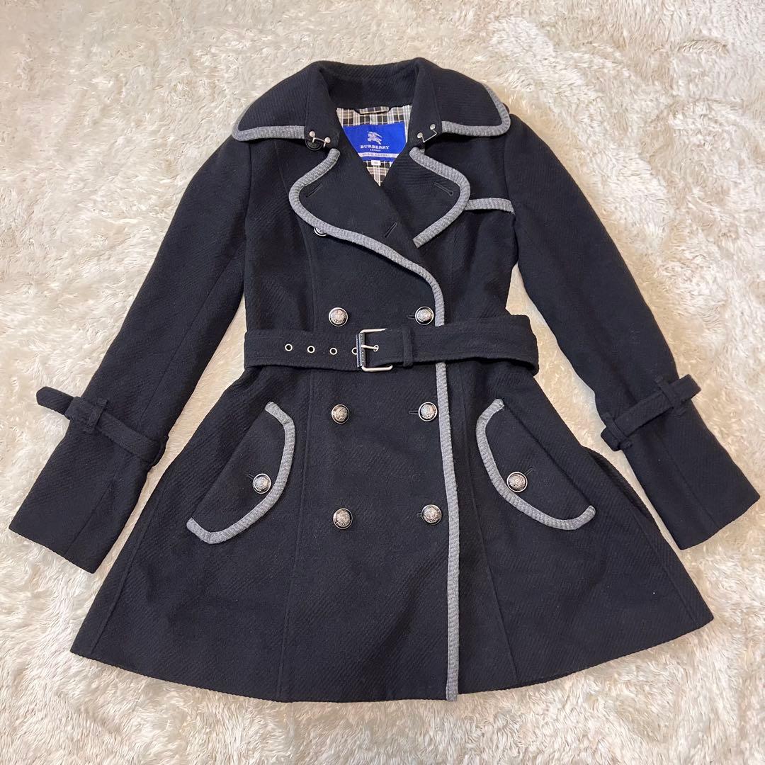 バーバリーブルーレーベル アンゴラ トレンチコート ダブル 銀ボタン ブラック