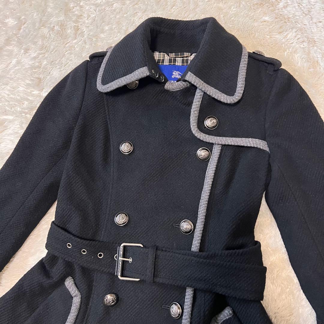 バーバリーブルーレーベル アンゴラ トレンチコート ダブル 銀ボタン ブラック