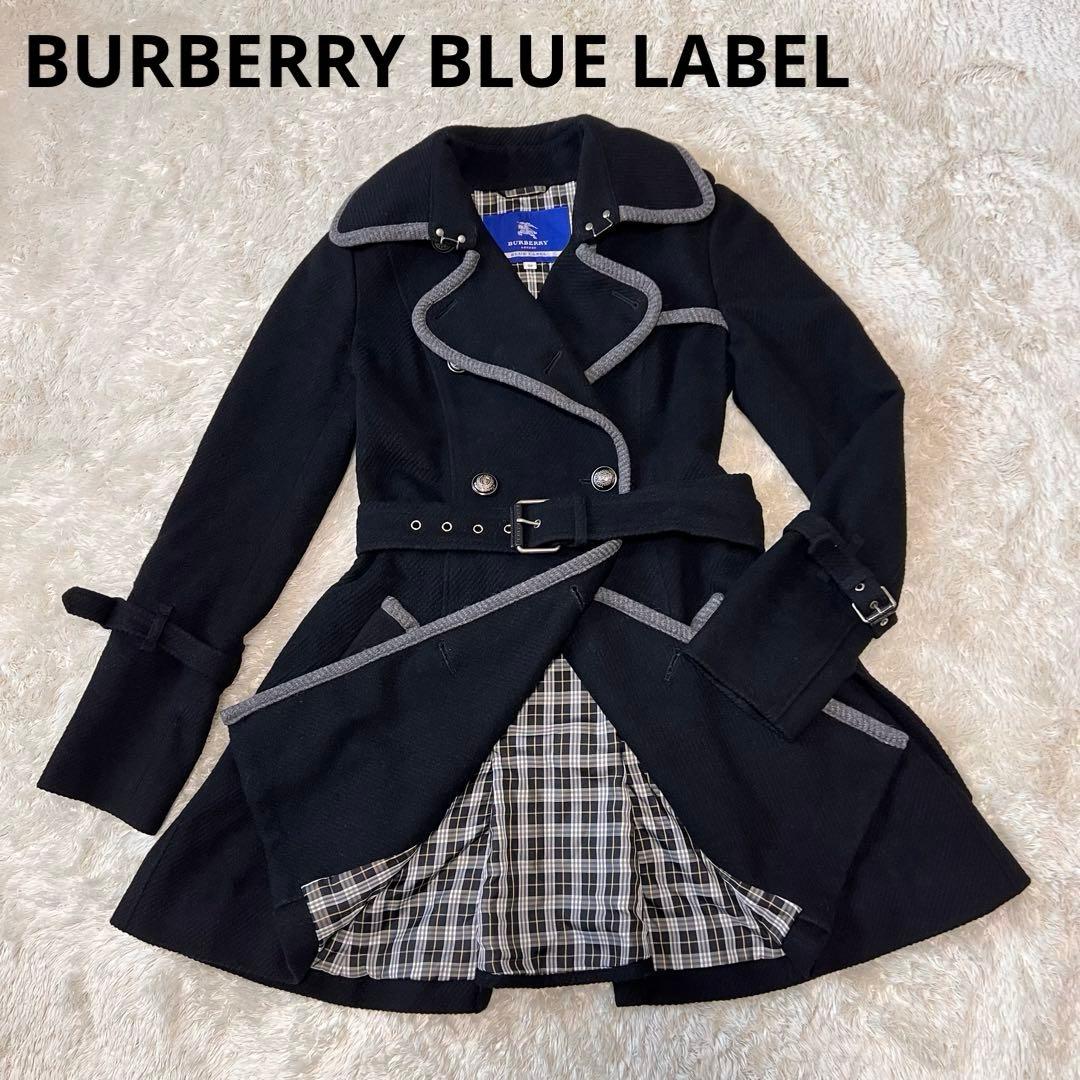 バーバリーブルーレーベル アンゴラ トレンチコート ダブル 銀ボタン ブラック