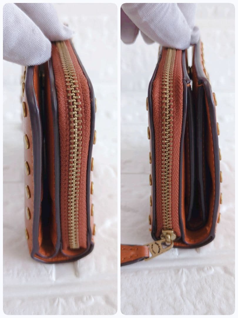 美品 コーチ ビルフォールドリベットウォレットコンパクト 折り財布キャメル