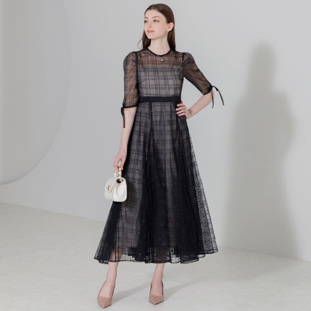 Leja チェック刺繍スパンコールチュール素材袖リボンワンピース