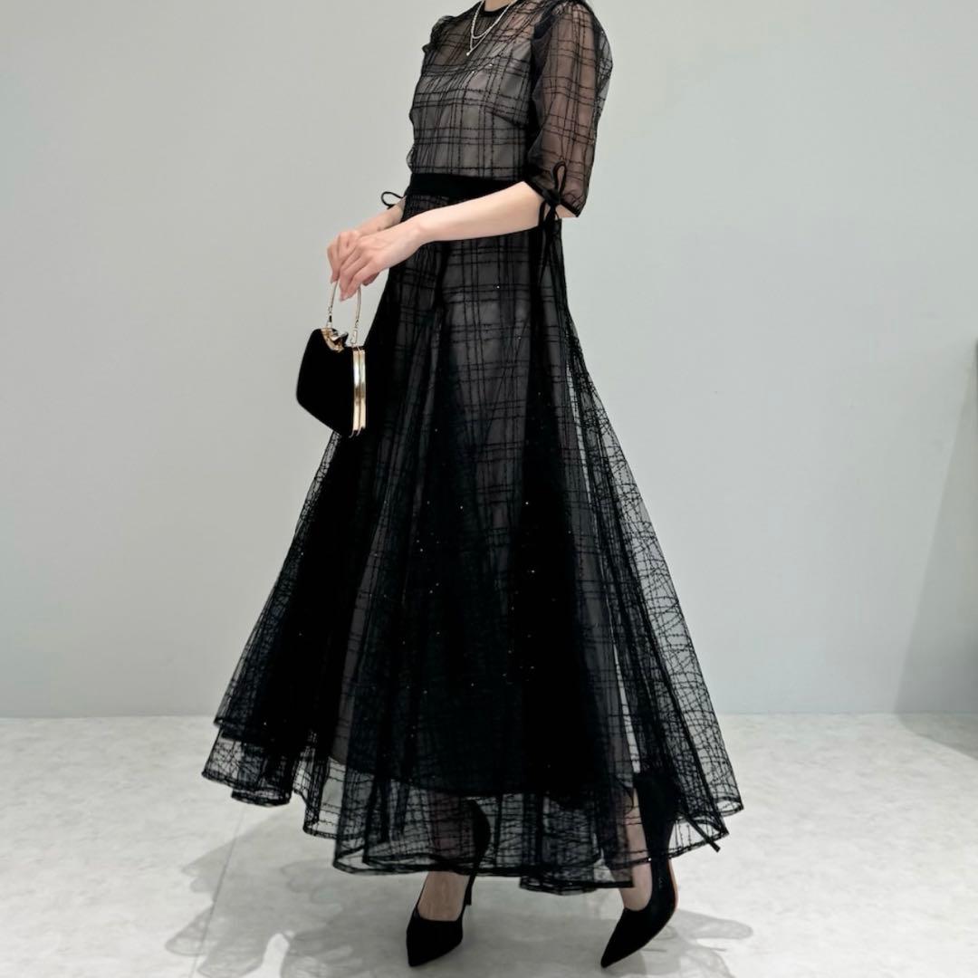 Leja チェック刺繍スパンコールチュール素材袖リボンワンピース