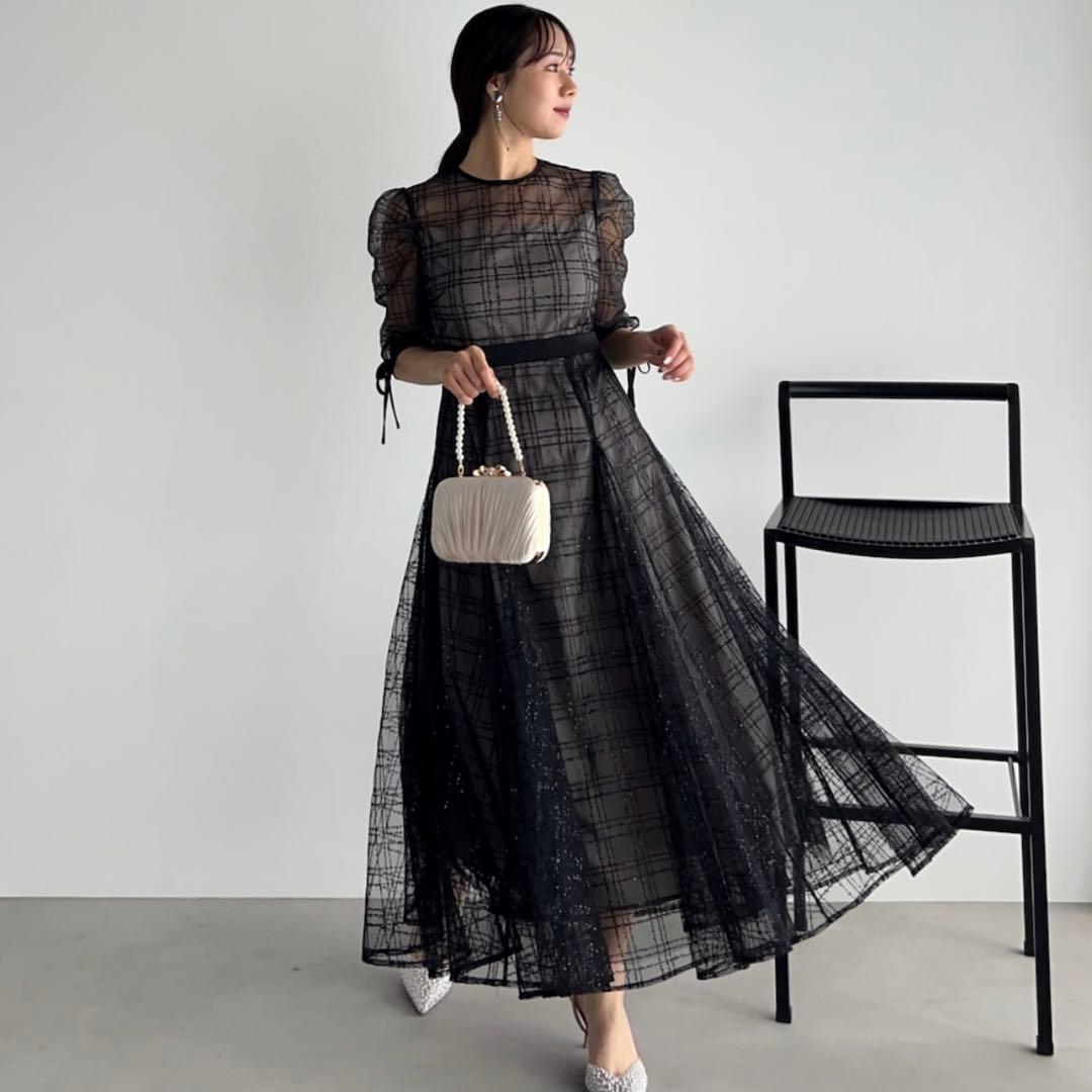 Leja チェック刺繍スパンコールチュール素材袖リボンワンピース