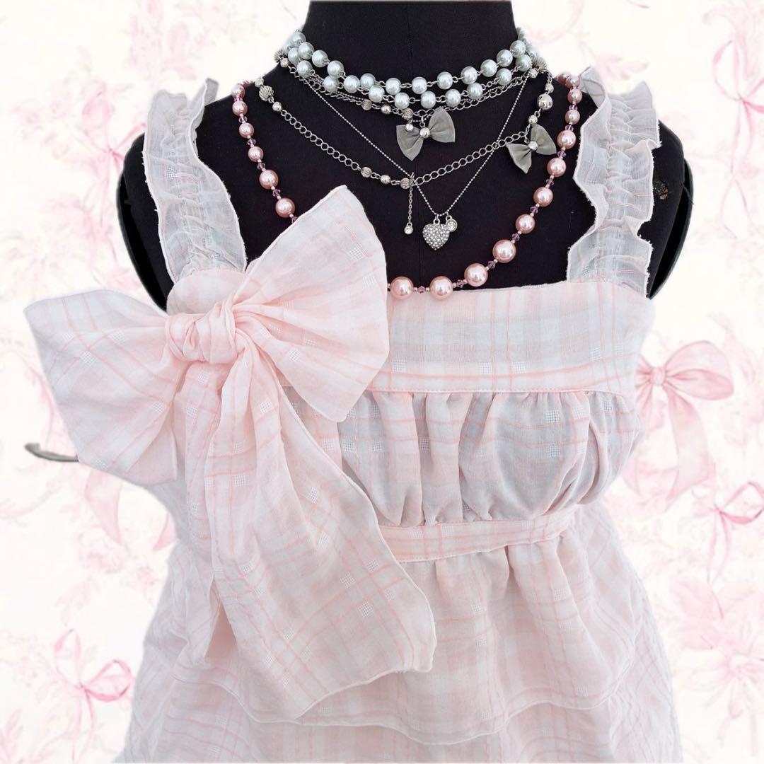 y2k LIZLISA チェック リボン チュニック ティアード キャミソール