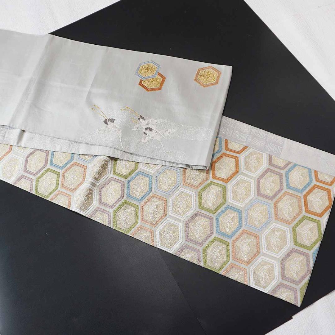 鶴　正絹袋帯　両面使い　銀　フォーマル　a813