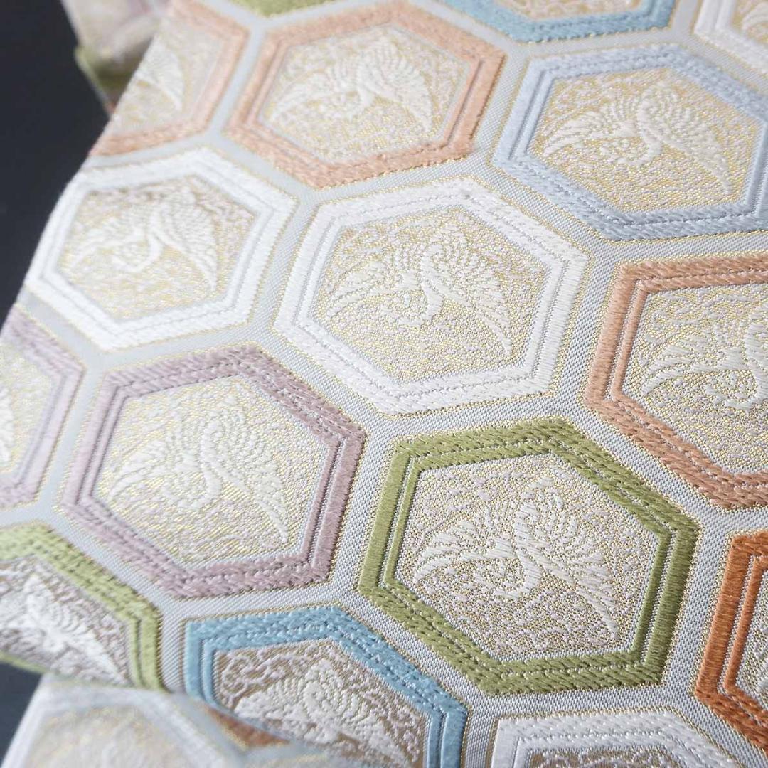 鶴　正絹袋帯　両面使い　銀　フォーマル　a813