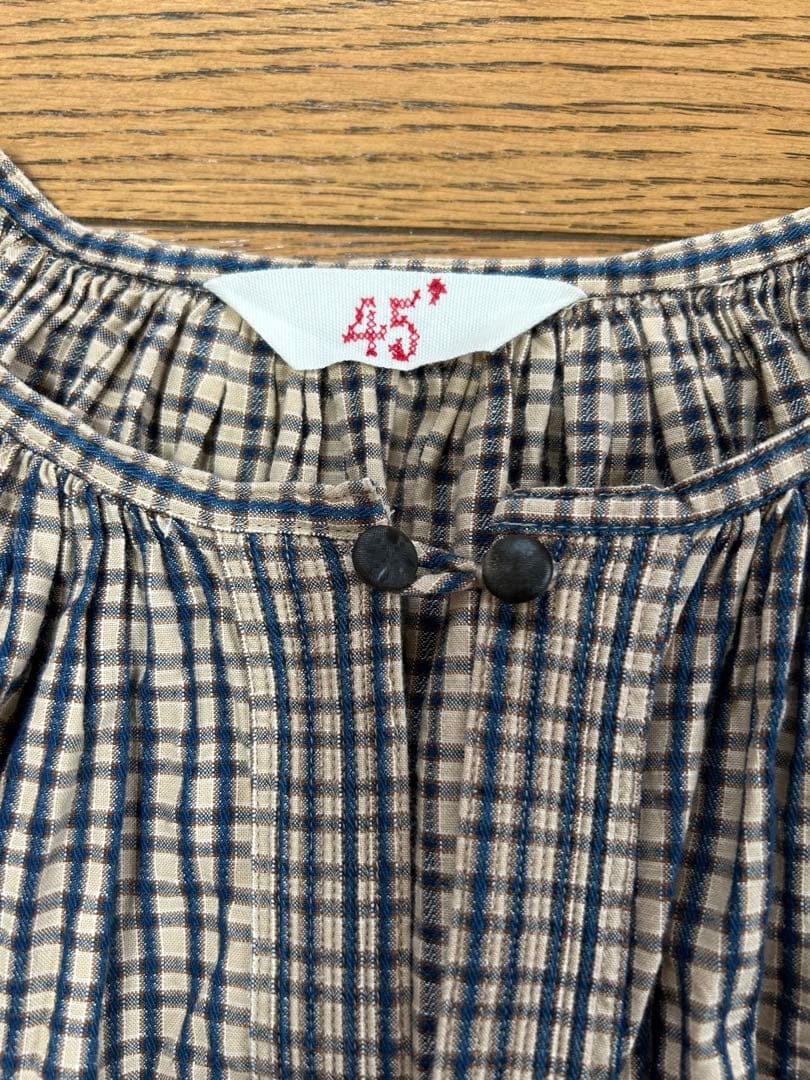 45rpmインディゴ格子柄　コットンギャザーワンピース