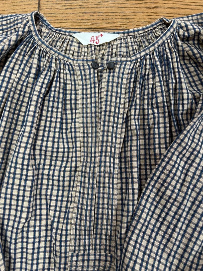 45rpmインディゴ格子柄　コットンギャザーワンピース