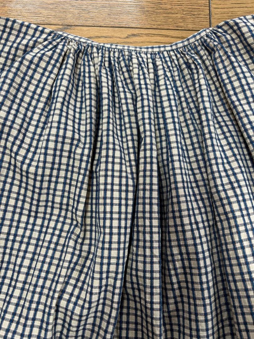 45rpmインディゴ格子柄　コットンギャザーワンピース