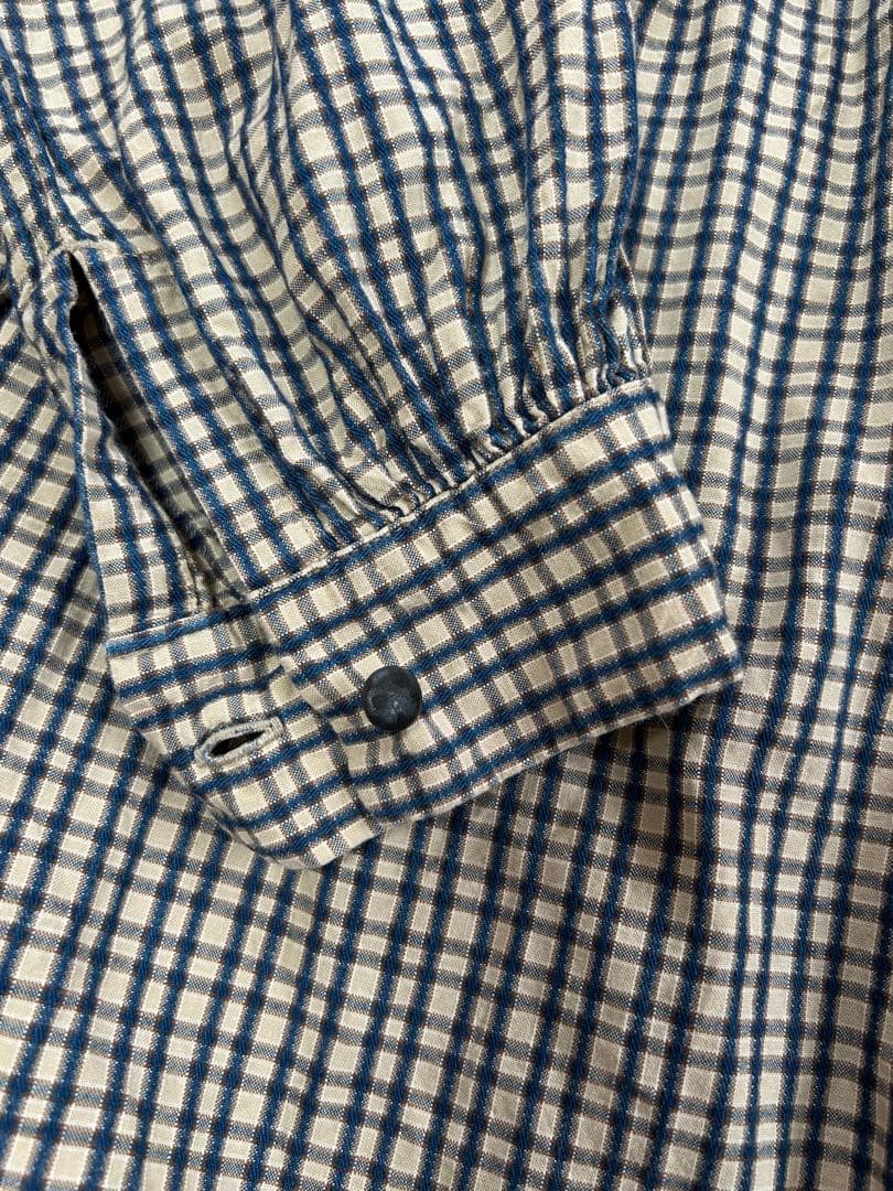 45rpmインディゴ格子柄　コットンギャザーワンピース