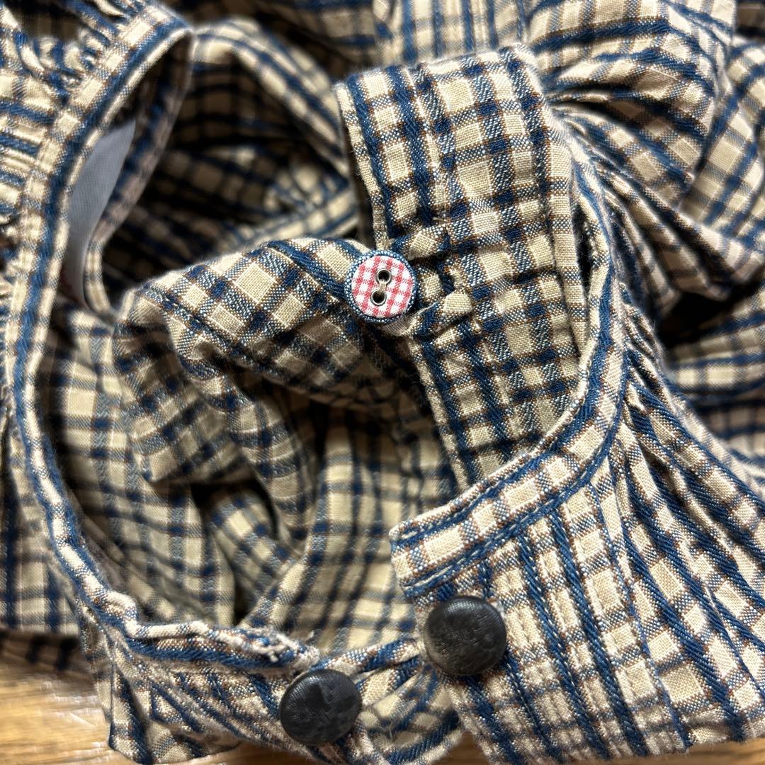 45rpmインディゴ格子柄　コットンギャザーワンピース