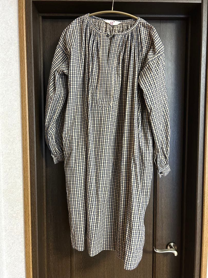 45rpmインディゴ格子柄　コットンギャザーワンピース