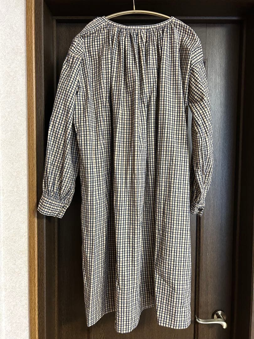45rpmインディゴ格子柄　コットンギャザーワンピース