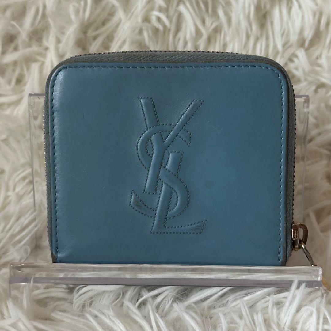 イヴサンローラン 二つ折り財布 型押し レザー ジップ ライトブルー コンパクト