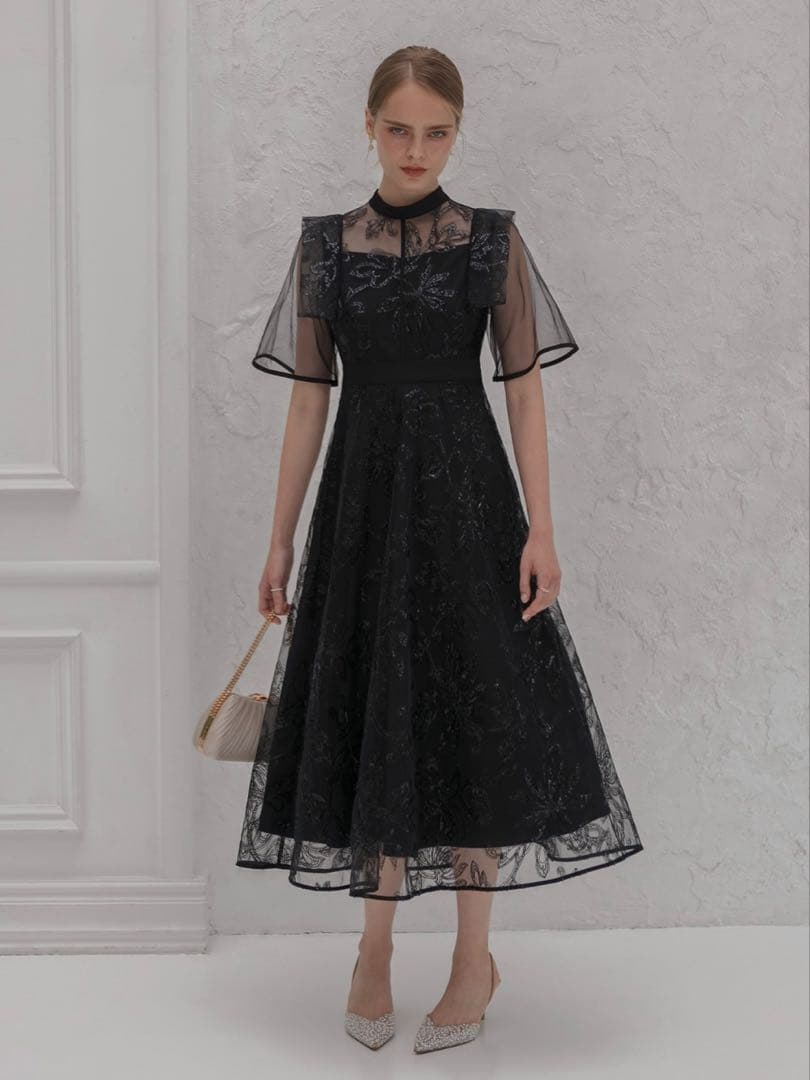 フラップデザインフラワースパンコールAラインワンピースドレス結婚式二次会成人式