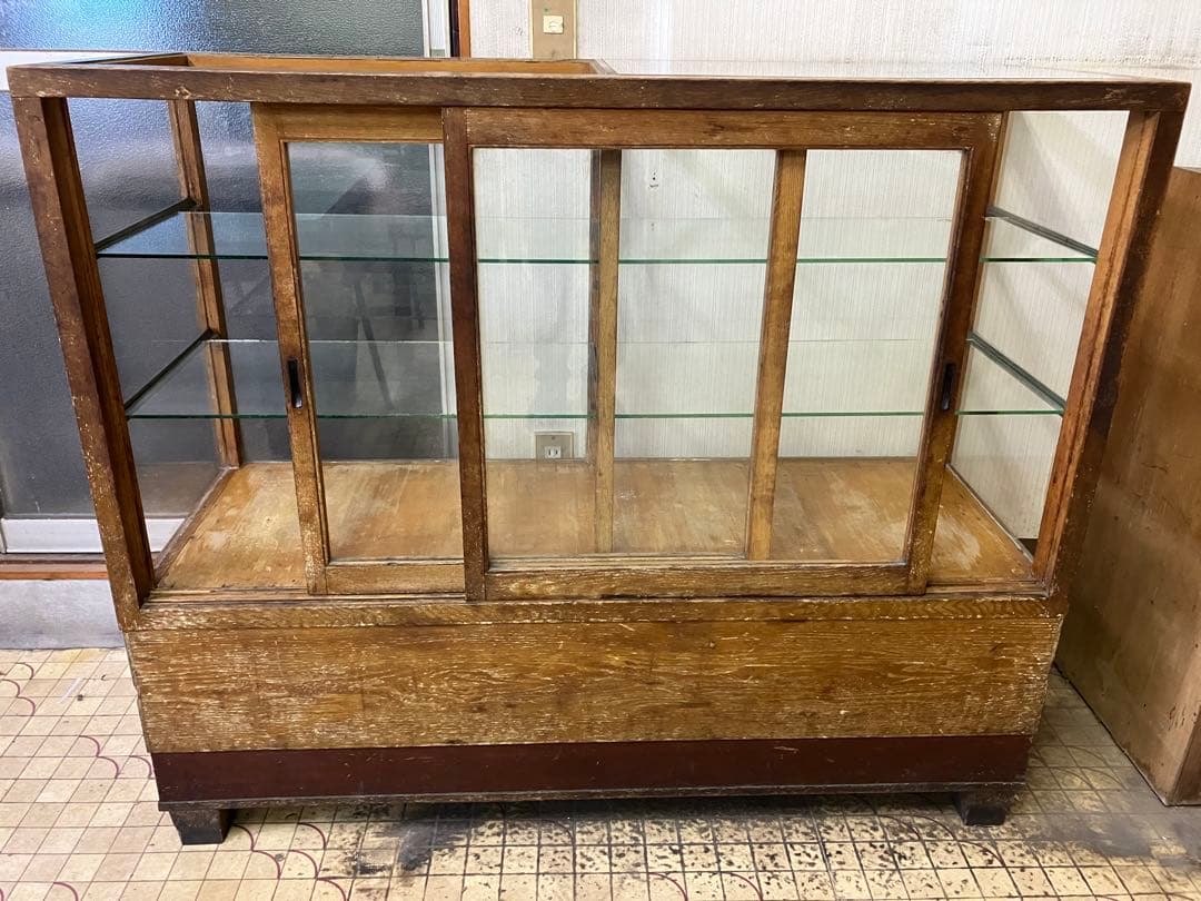 レトロ商品　木製ガラスケース　商品ケース2段棚付き