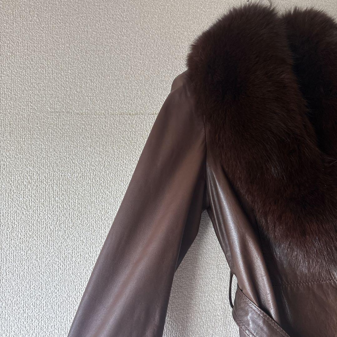 REGINA 本革レザー　ロングコート　ヴィンテージ　リアルファー　ブラウン　9