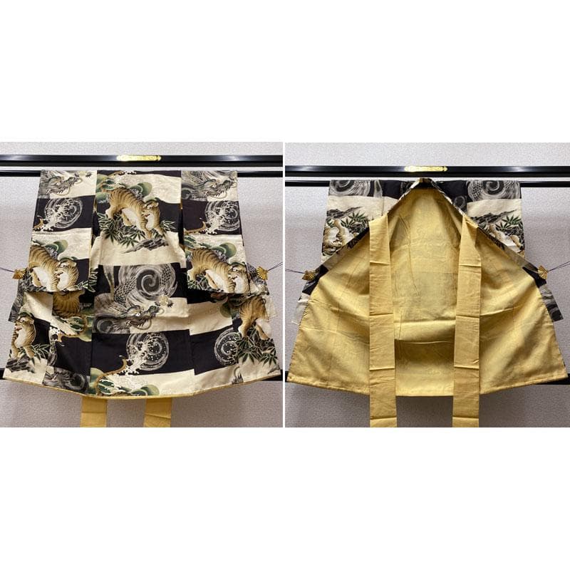 506ab82◎七五三 三歳 男の子 セミアンティーク着物&被布 虎龍 黒◎