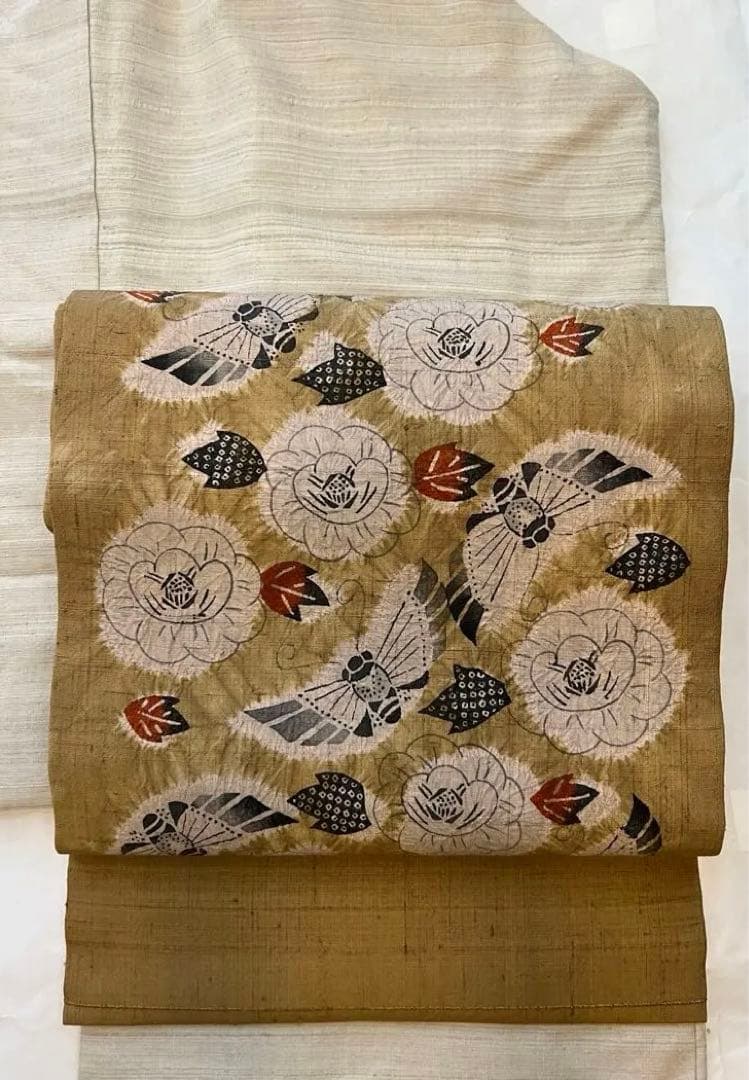 山*子様 型絵染 型絵染め 型染め 名古屋帯 なごや帯 作家 蝶 芍薬 絞り 工