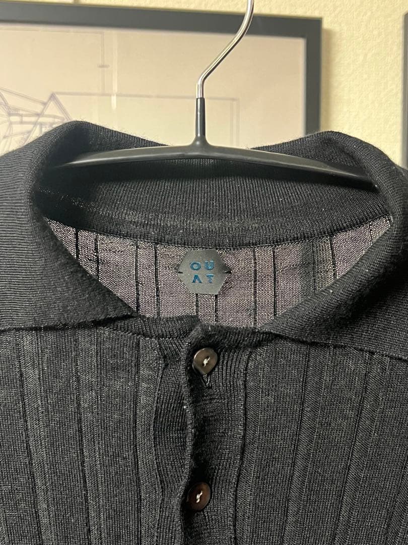 OUAT / ブラック リブ編み 長袖ニットポロシャツ