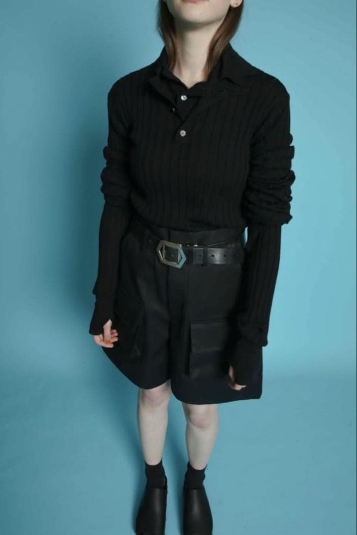 OUAT / ブラック リブ編み 長袖ニットポロシャツ