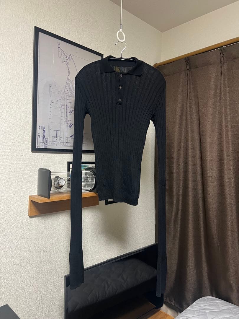 OUAT / ブラック リブ編み 長袖ニットポロシャツ