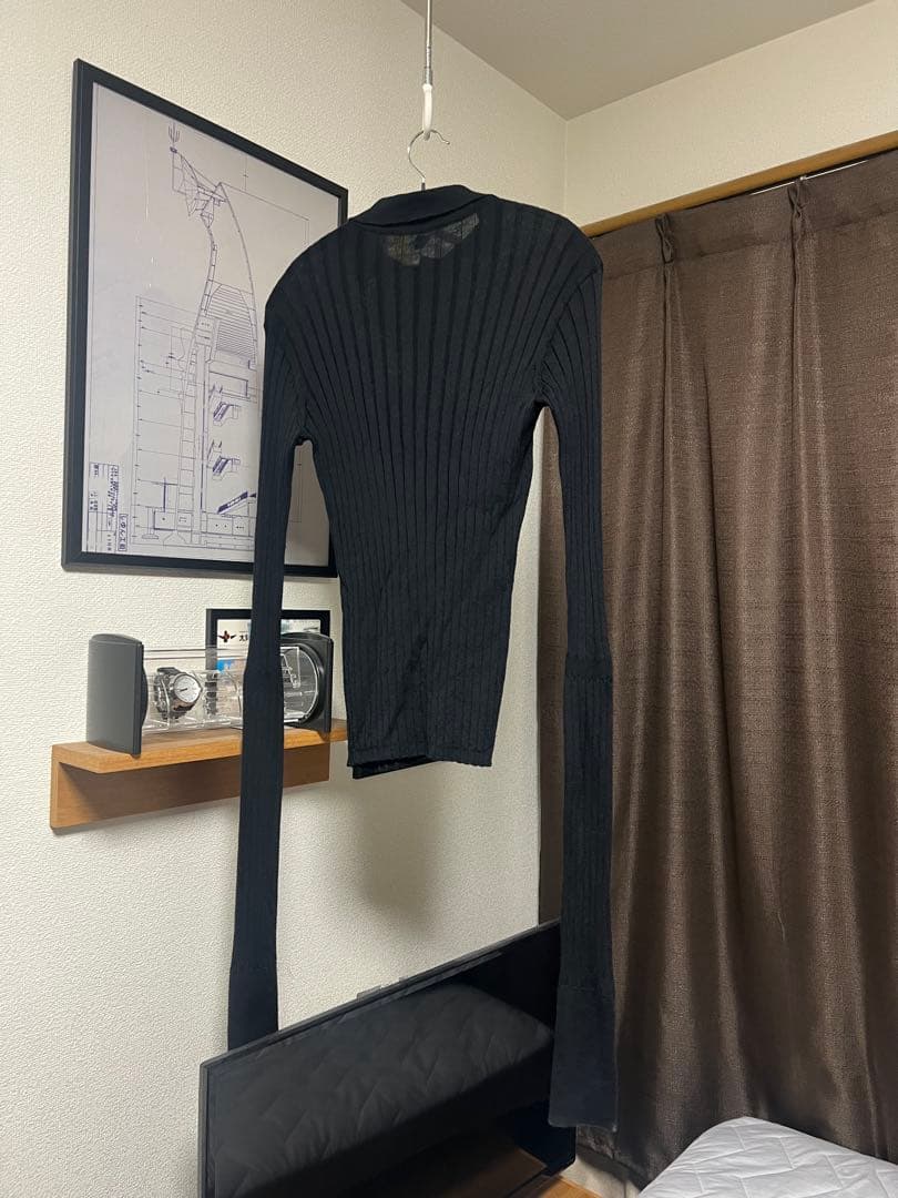 OUAT / ブラック リブ編み 長袖ニットポロシャツ