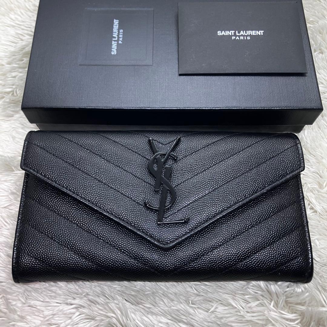 箱付き極美品✨サンローラン 長財布 キャビアスキン カサンドラロゴ ブラック