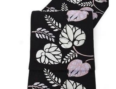 未使用 正絹 西陣 九寸名古屋帯 黒 葵文 ガード加工済み