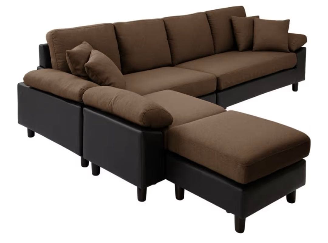 ぺ〜　ブラウン×ブラック レザー調　ファブリック　L字型 3人掛けソファ