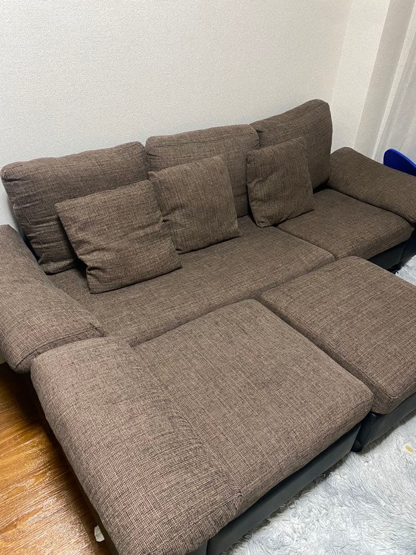 ぺ〜　ブラウン×ブラック レザー調　ファブリック　L字型 3人掛けソファ