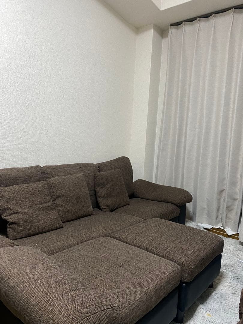 ぺ〜　ブラウン×ブラック レザー調　ファブリック　L字型 3人掛けソファ