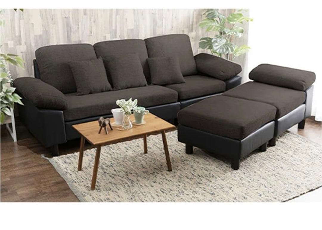 ぺ〜　ブラウン×ブラック レザー調　ファブリック　L字型 3人掛けソファ