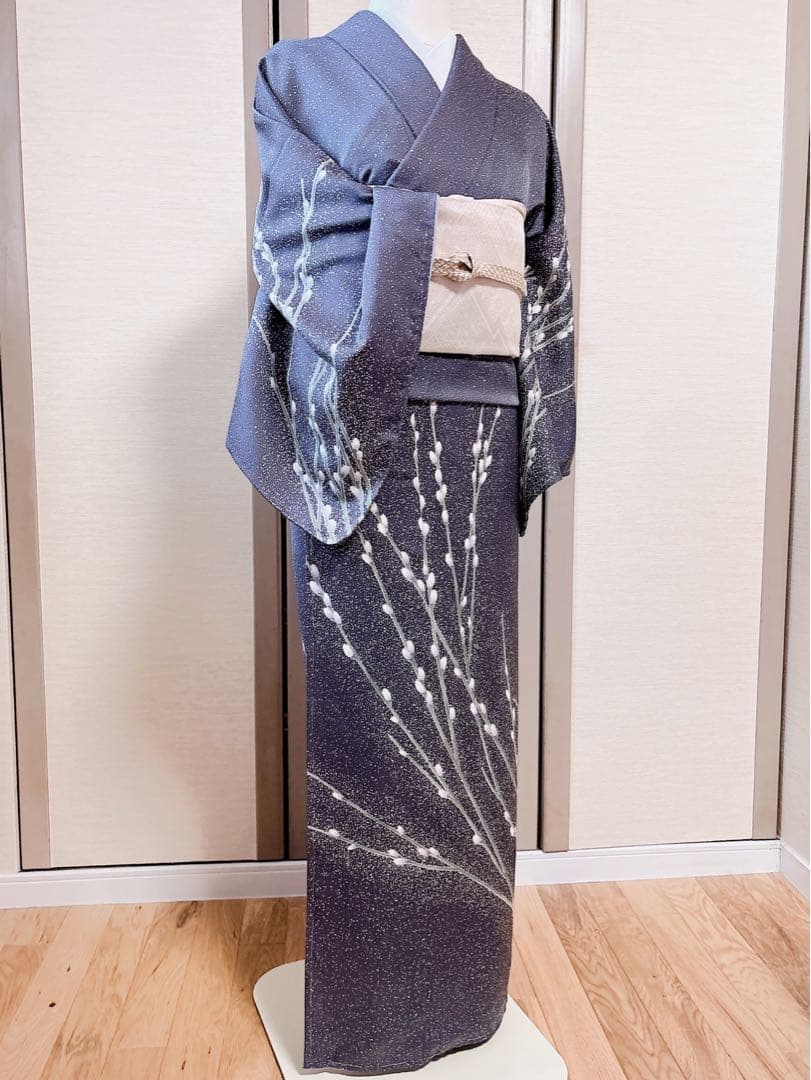 新品　正絹　訪問着　フルセット　加賀友禅　裄65 卒業式　M 青　紺　猫柳