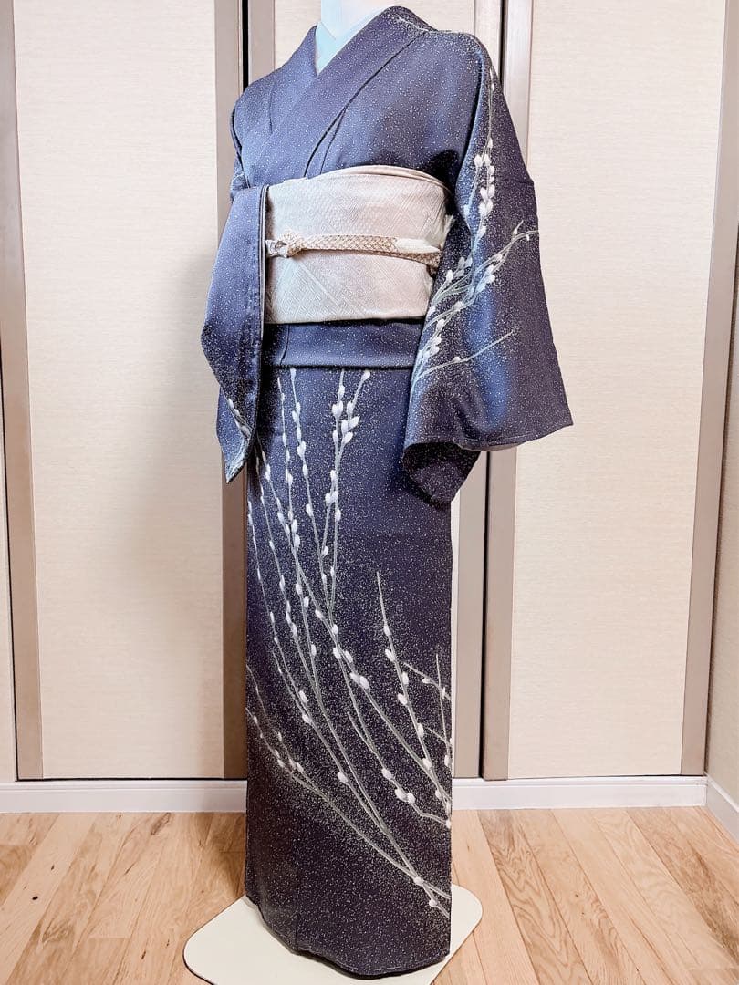 新品　正絹　訪問着　フルセット　加賀友禅　裄65 卒業式　M 青　紺　猫柳