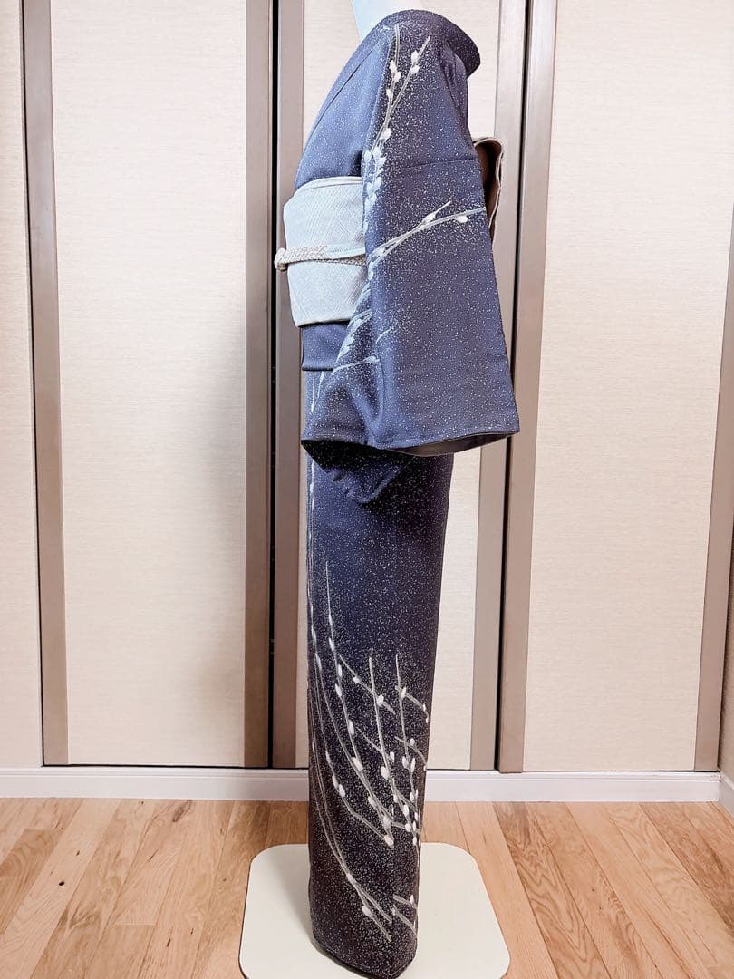 新品　正絹　訪問着　フルセット　加賀友禅　裄65 卒業式　M 青　紺　猫柳