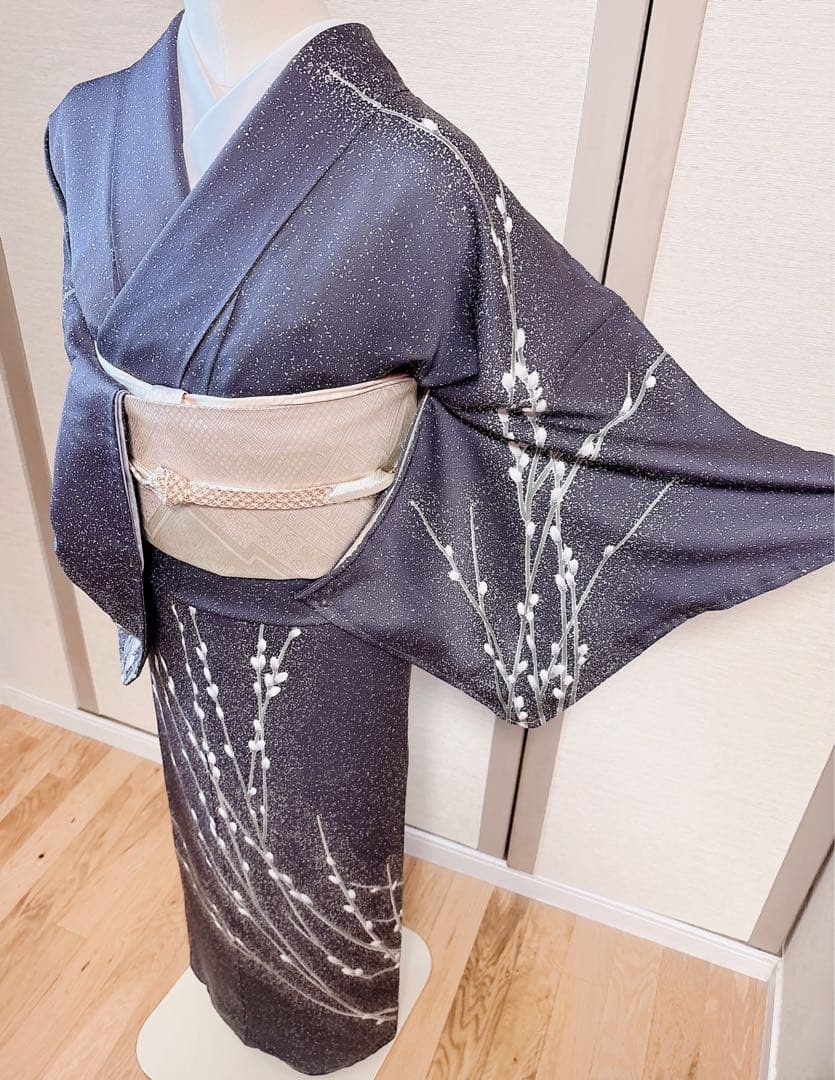 新品　正絹　訪問着　フルセット　加賀友禅　裄65 卒業式　M 青　紺　猫柳