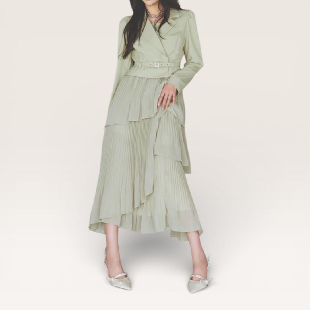 極美品　AND COUTURE ジャケットレイヤードプリーツワンピース　ミント