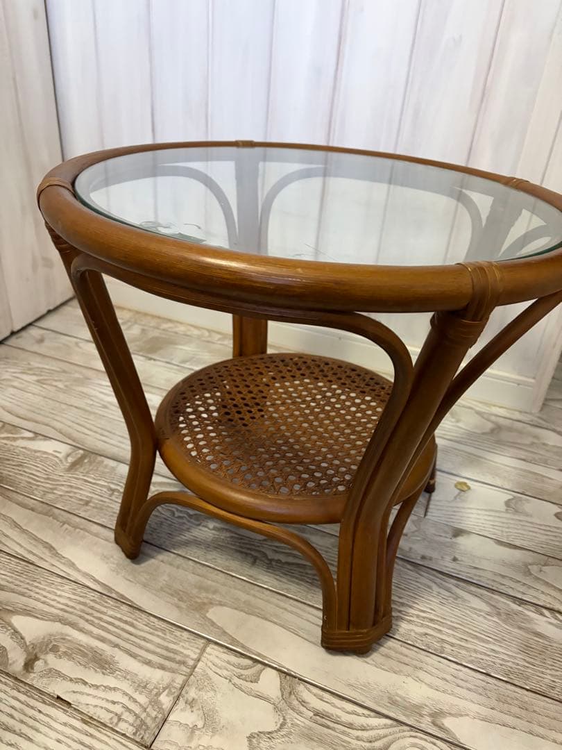 ラタン製ガラス天板サイドテーブル