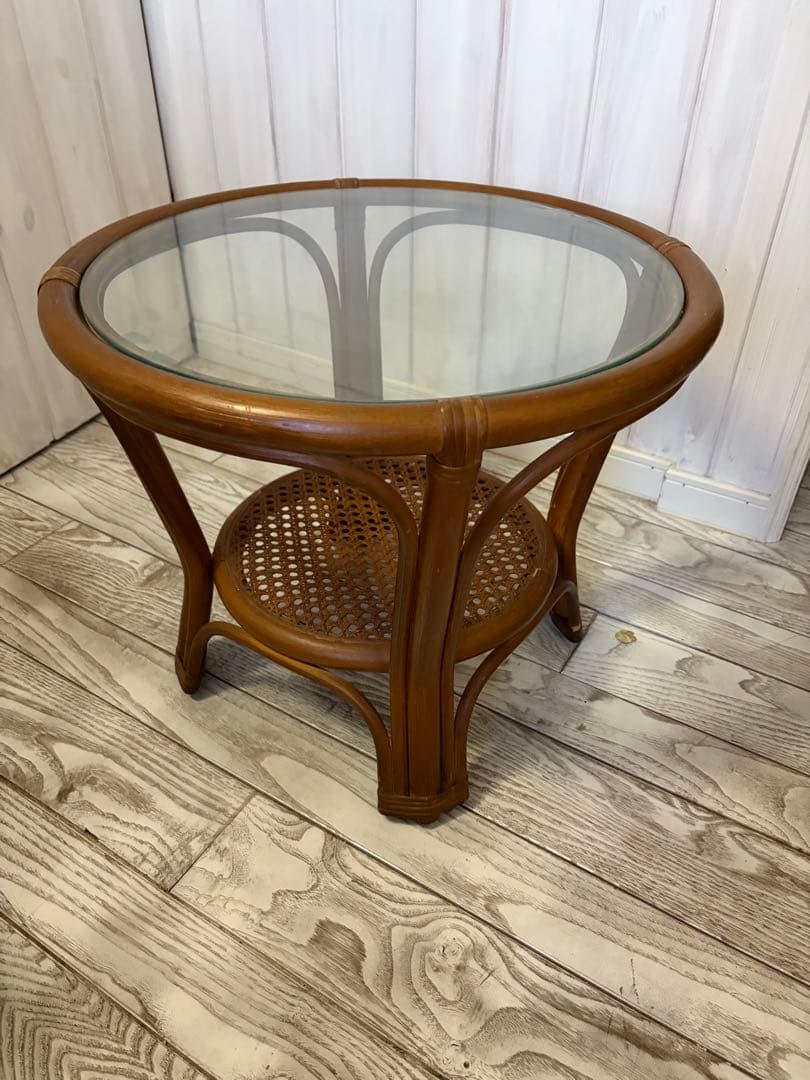 ラタン製ガラス天板サイドテーブル