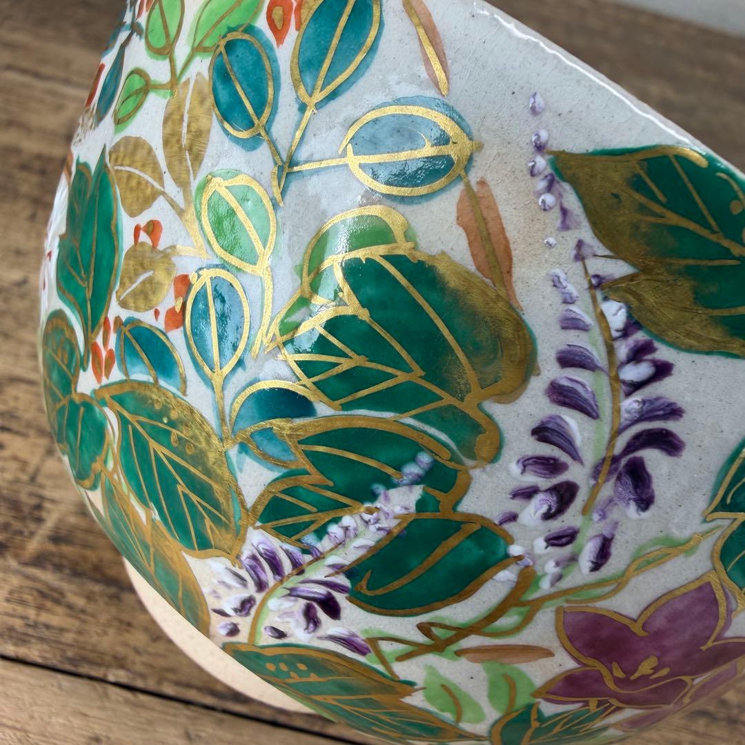 a784 送料込 色絵秋の七草 花房美峰造 在銘 四方桟共箱 茶道具 抹茶碗