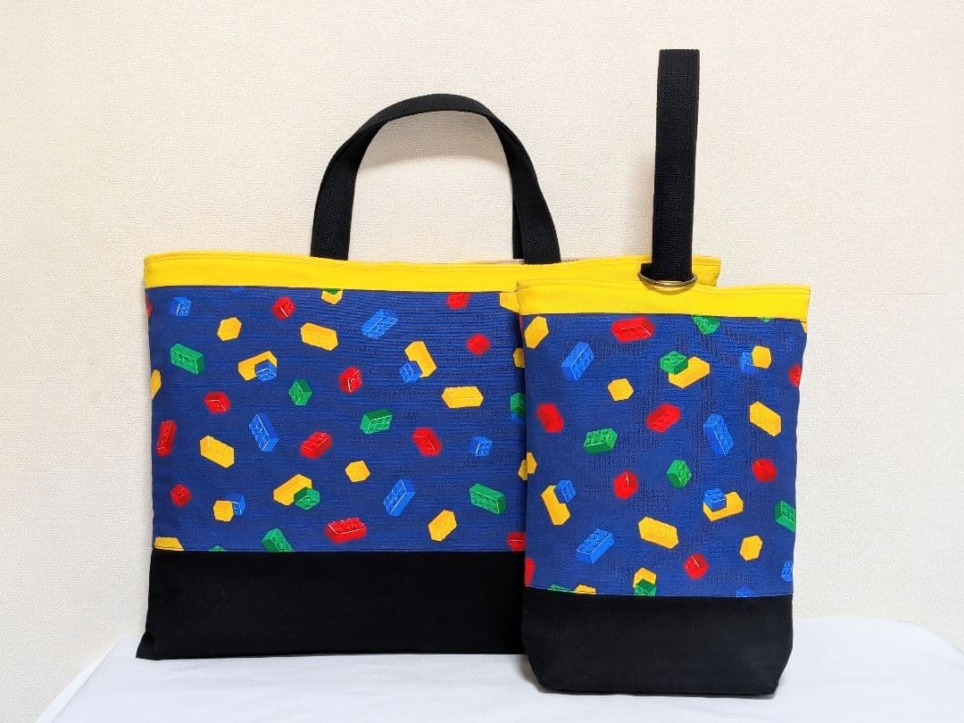 ※chime※☆ブロック柄ブルー/レッスンバッグ/上履き袋/巾着袋/計4点