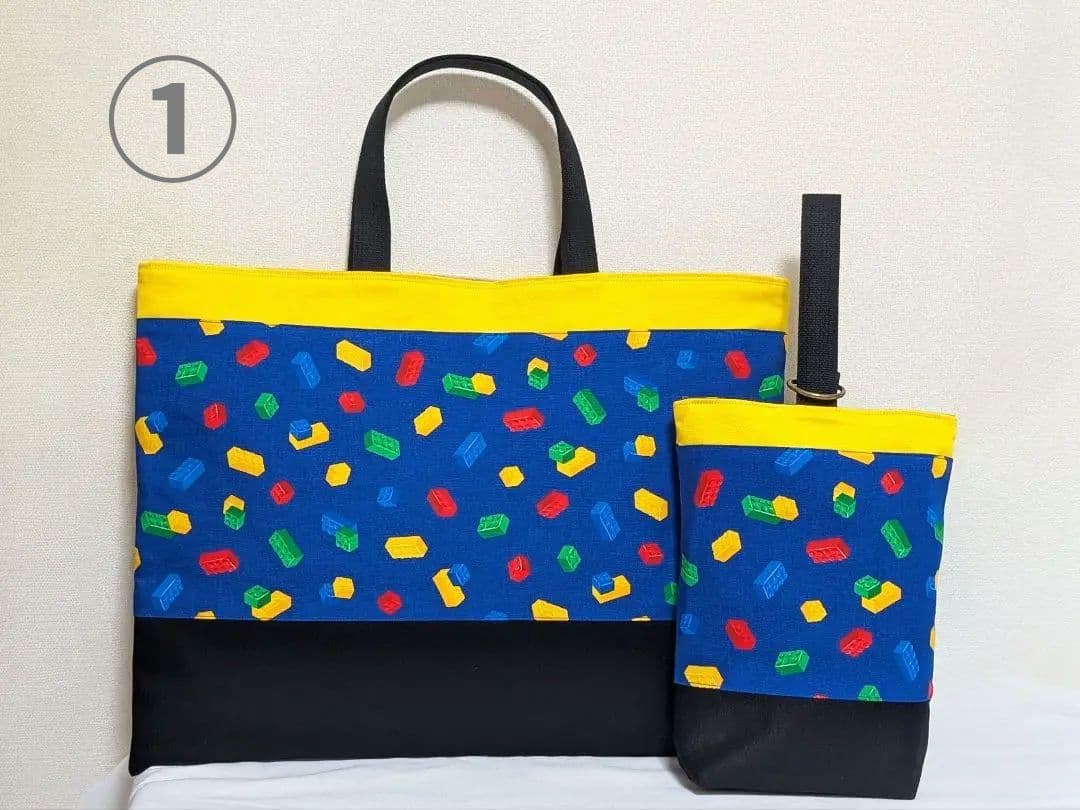 ※chime※☆ブロック柄ブルー/レッスンバッグ/上履き袋/巾着袋/計4点