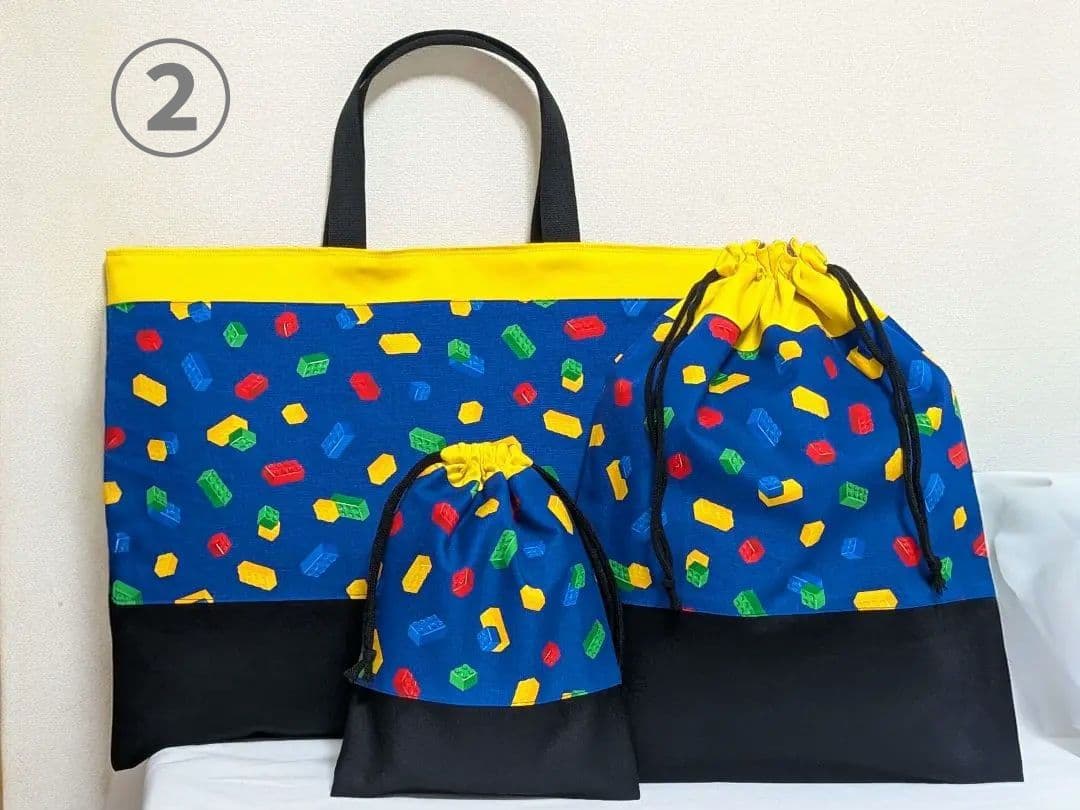 ※chime※☆ブロック柄ブルー/レッスンバッグ/上履き袋/巾着袋/計4点