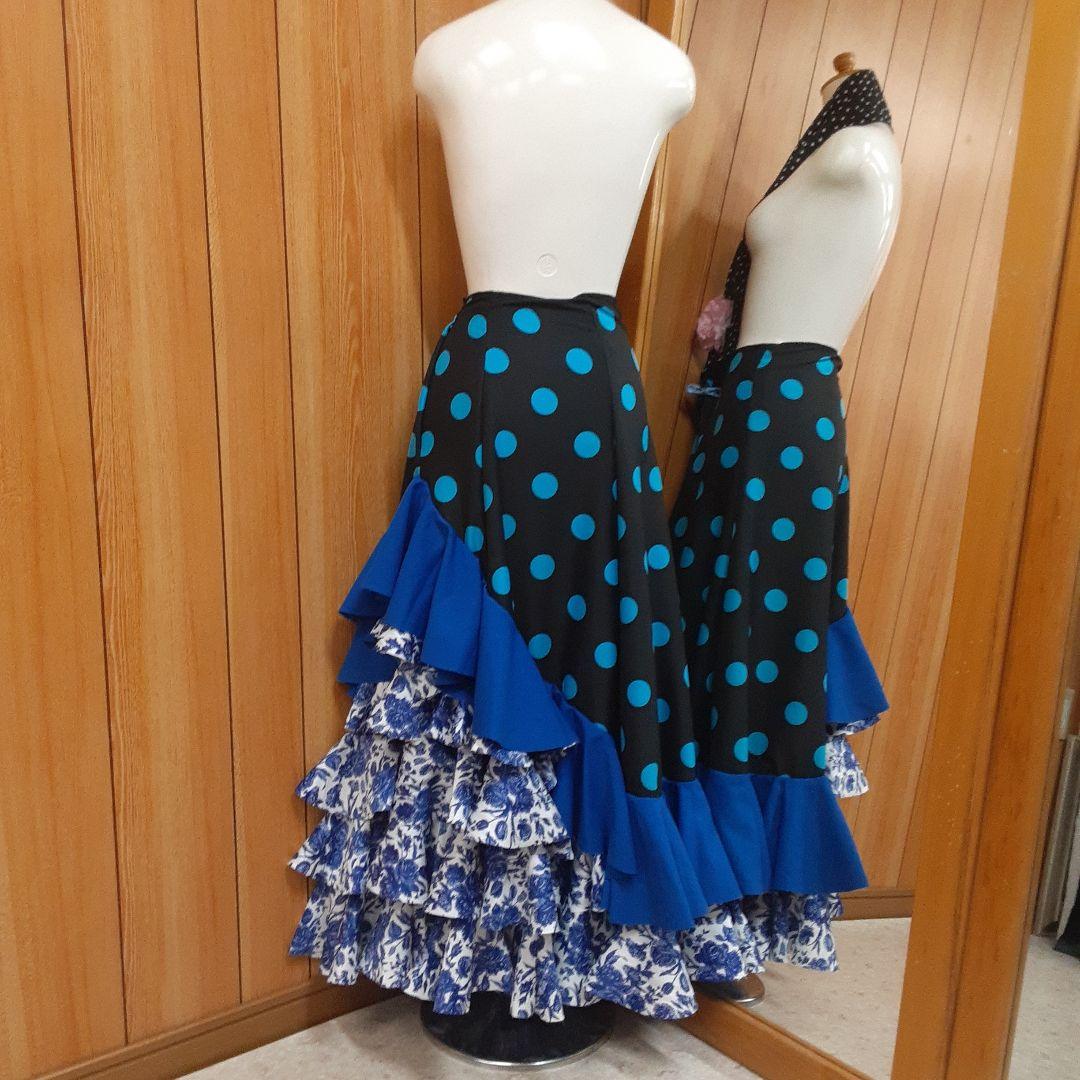 フラメンコ衣装　☆ファルダのみ　＊青/黒/白地青バラ柄フリルファルダ