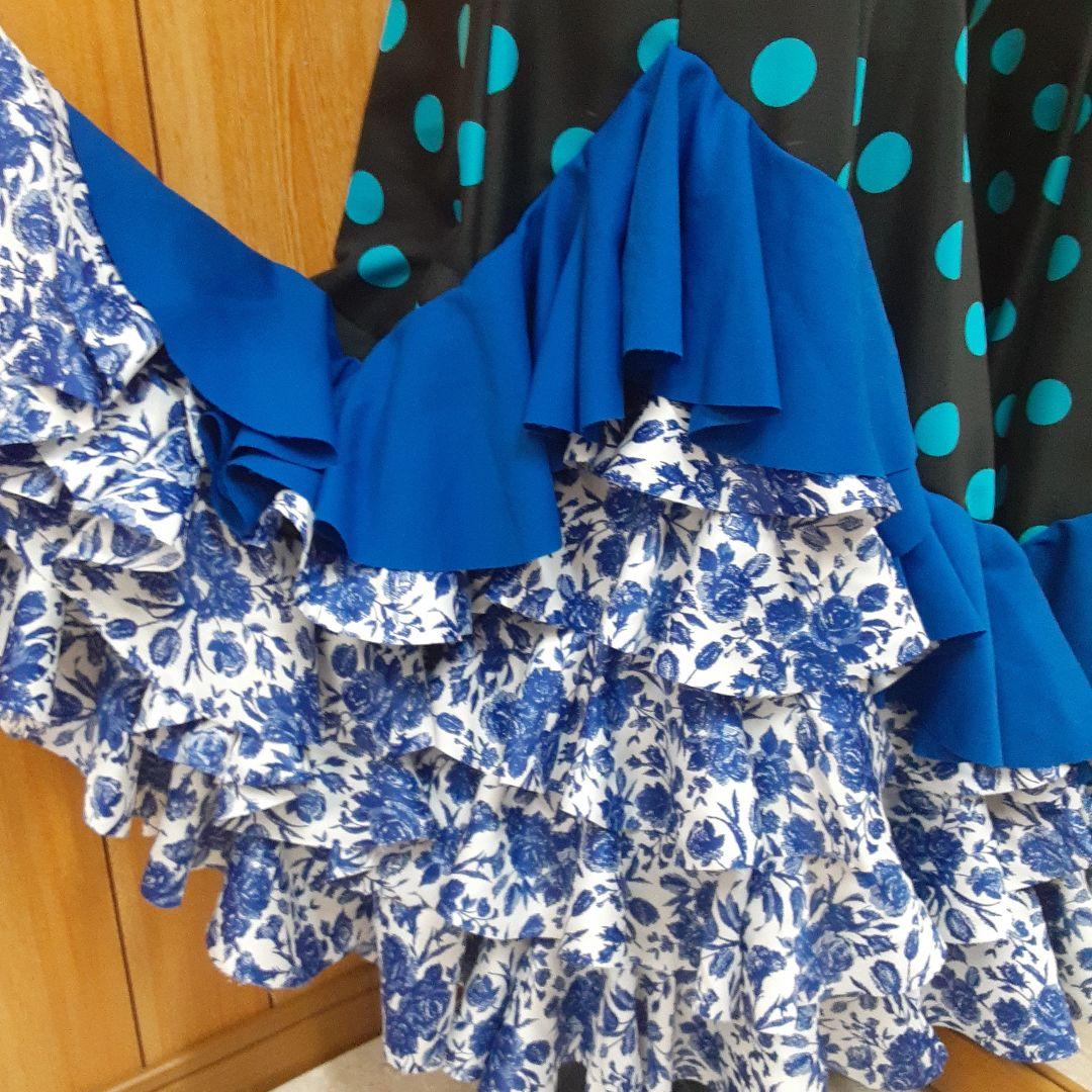 フラメンコ衣装　☆ファルダのみ　＊青/黒/白地青バラ柄フリルファルダ