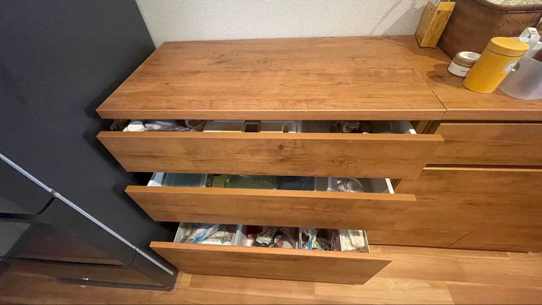 引っ越し処分！大川家具キッチンカウンターパイン色　引き出しCube series