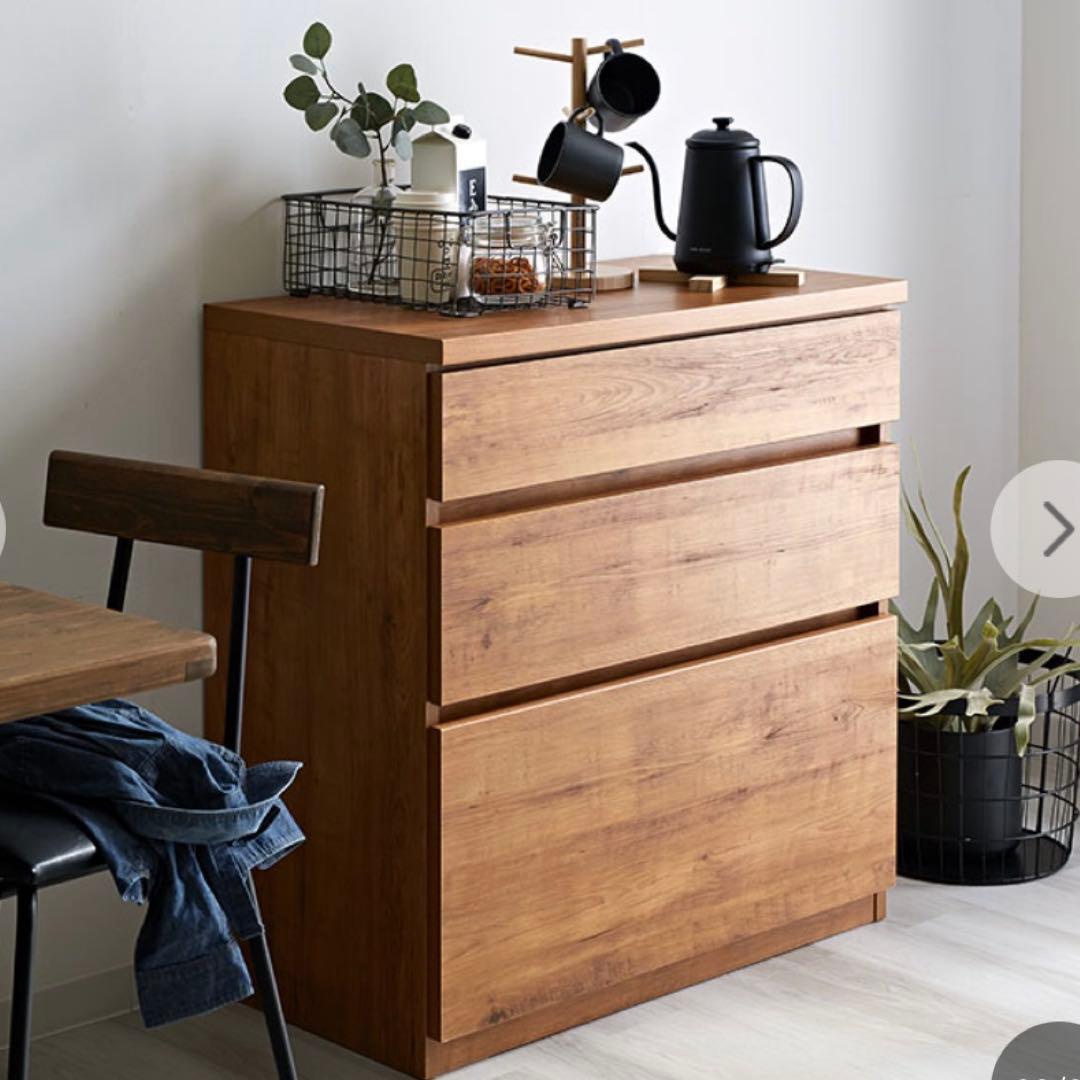 引っ越し処分！大川家具キッチンカウンターパイン色　引き出しCube series