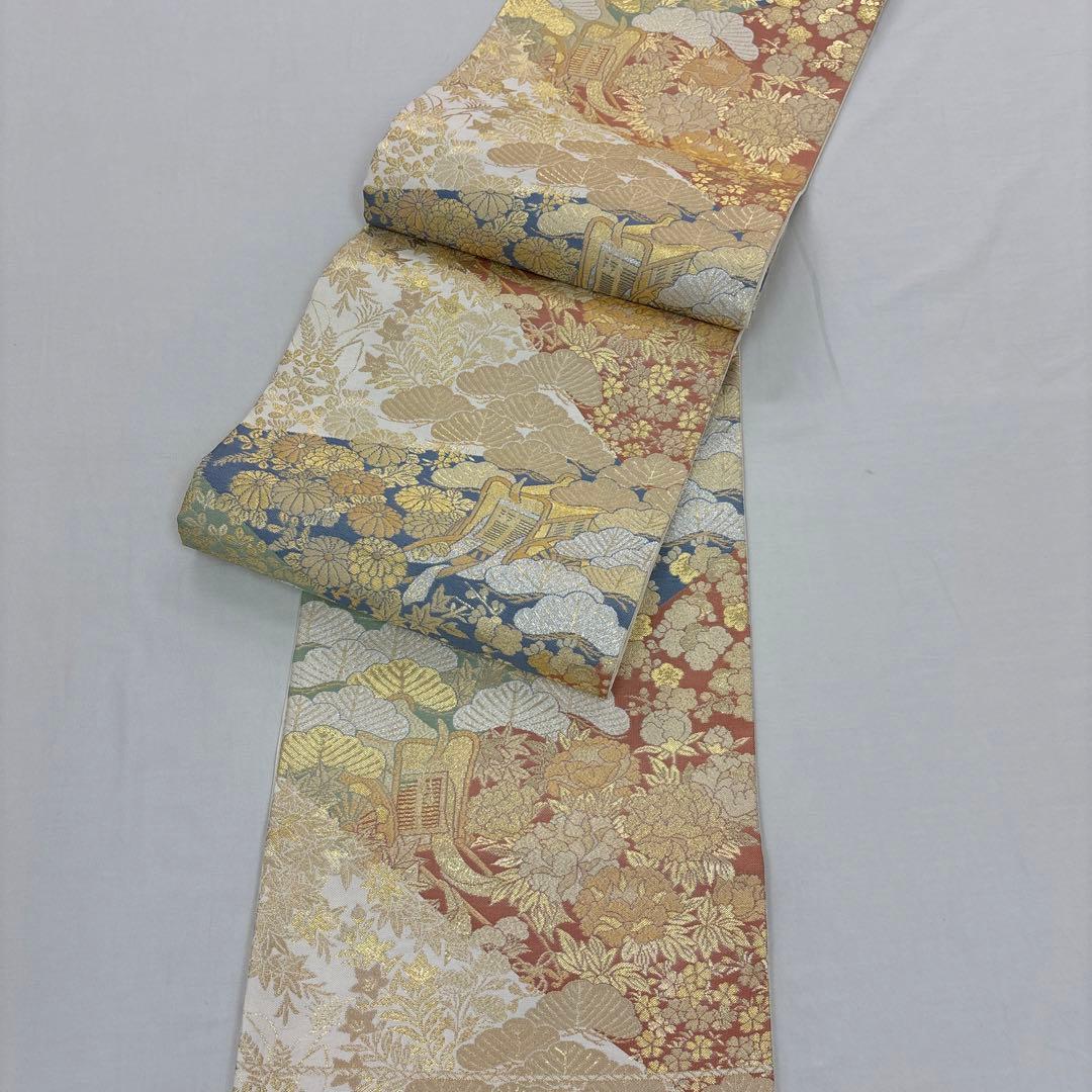 特選新品西陣名門藤織物正絹 正倉院庭園文錦織礼装袋帯（色留袖、訪問着、無地適品）